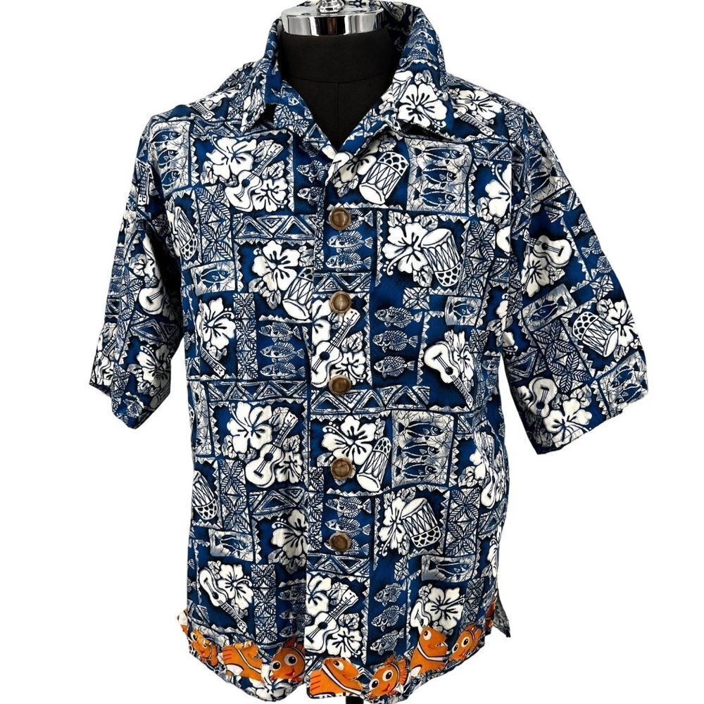 Vintage Blue Hawaiian‎ Shirt Finding Nemo Floral Large Buttons Size L
